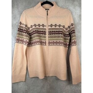 Van Heusen Cardigan Large Peach Fair Isle Lambswool Full Zip Mock Neck Sweater